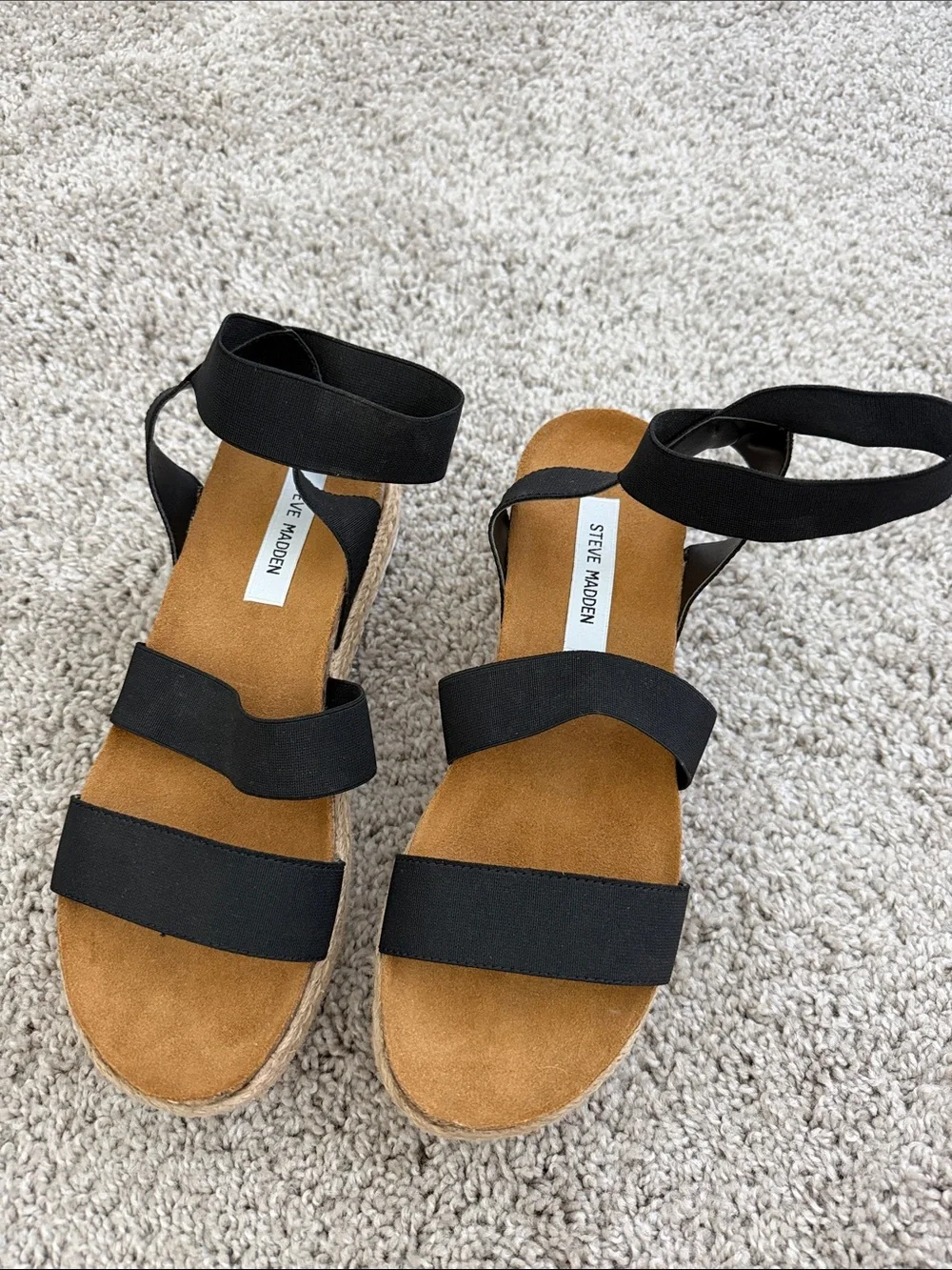 Steve Madden Black and Tan Espadrille Platform Sandals with Ankle Straps
